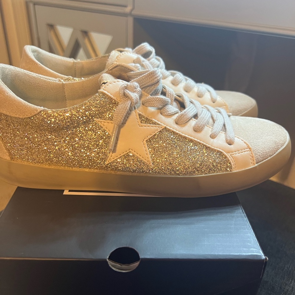 Gold and White Glitter Sneakers with Metallic Accents